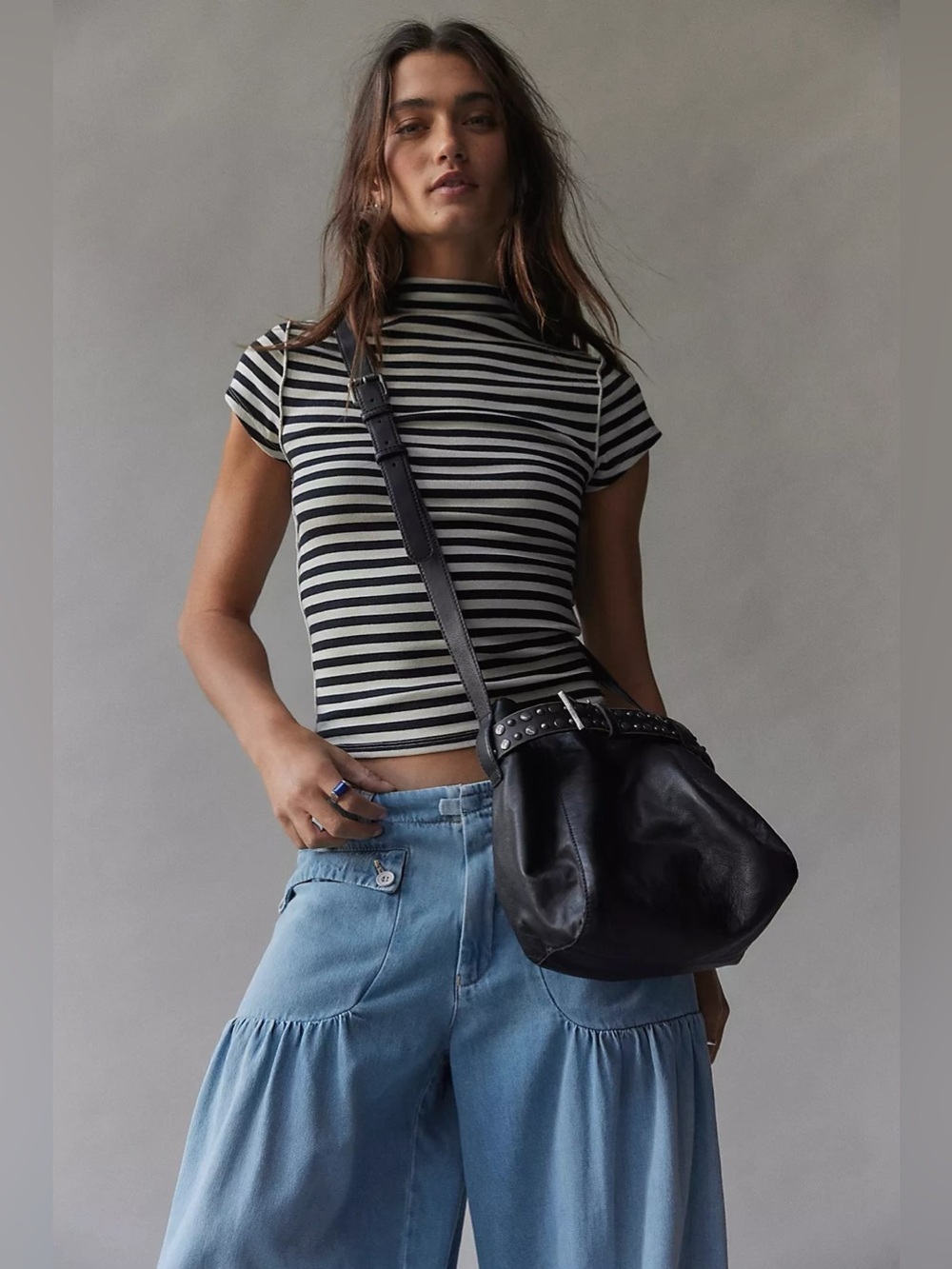 NWT Free People Embellished Belt Bucket Bag in Black
